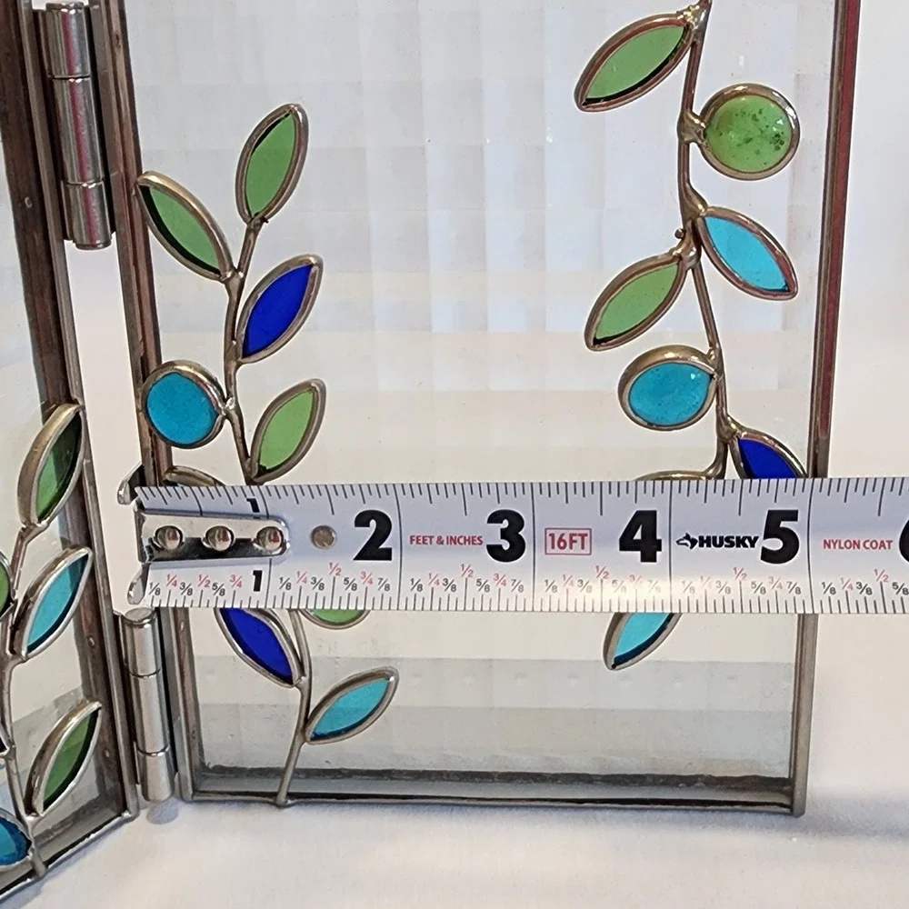 Stained Glass Double Picture Frame Blue Green Botanical Vine Leaf Hinged 5x7